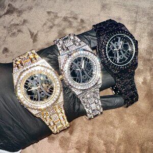 Men's Gold/White Gold 43mm Skeleton Dial Iced Out Octagon Luxury Watch